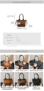 Detailed view of women's bucket bag with size chart and various color options