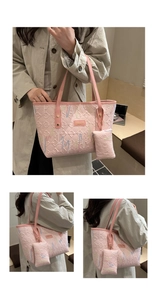 Pink tote bag detail with textured embroidery and a matching mini pouch for women
