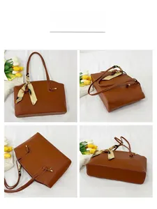 Mehrere Ansichten einer dunkelbraunen Leder-Tote-Bag mit dekorativem Seidenschal-Accessoire