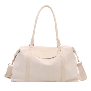 Large cream white faux leather travel bag with marble texture and adjustable strap
