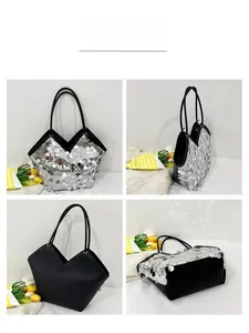 Four-angle view of a silver sequined tote bag featuring a V-shaped opening and slim straps