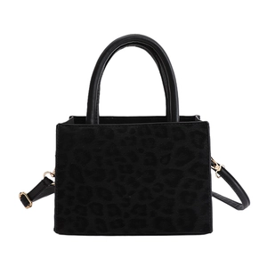 Fashionable black leopard print baguette bag with golden hardware and top handles