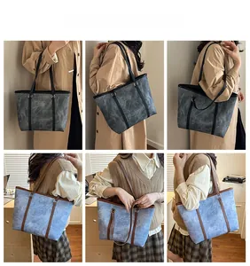Detailed views of vintage large-capacity tote bags in washed canvas and leather combinations