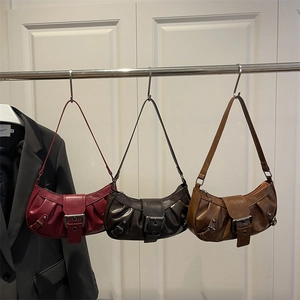Vintage Pleated PU Leather Hobo Bag Retro Distressed Underarm Shoulder Bag With Large Metal Buckle Fashionable Commuter For Women