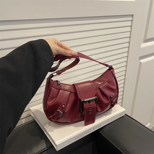 Retro burgundy pleated leather tote bag with silver square buckle for women