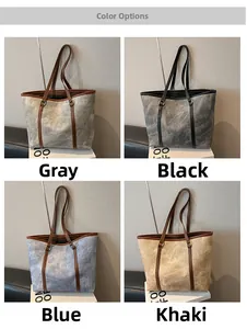 Color options of large canvas tote bags in grey, black, blue, and khaki vintage styles