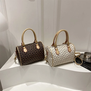 Retro Geometric Triangle Pattern Boston Handbag Synthetic Leather Cylinder Shoulder Crossbody Bag For Women Chic Elegant