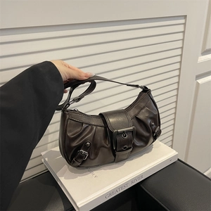 Retro chocolate brown pleated underarm tote bag with distressed metal buckles and rivets
