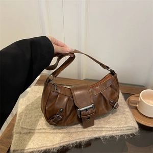 Vintage dark brown PU leather tote bag with pleated texture and magnetic buckle