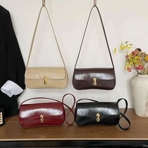 Women Baguette Underarm Shoulder Bag Glossy PU Leather Retro Style With Metal Twist Lock Simple Minimalist Elegant