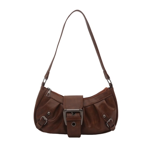 Vintage brown shoulder bag with pleated faux leather and metallic buckle detail