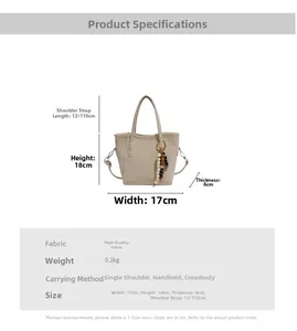 Detailed dimensions of beige bucket bag with beaded tassel and adjustable straps