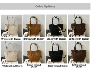 Detailed view of women's tote bags in four colors with optional beaded pendant options