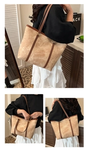 Detailed views of a large khaki tote bag showing texture, straps, and spacious interior