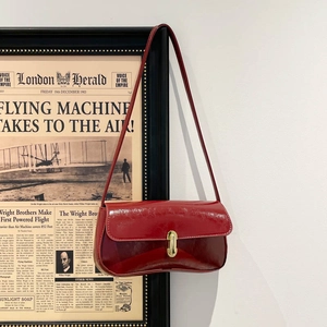 Retro dark red baguette shoulder bag with glossy oil wax leather and gold buckle