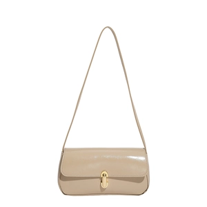Chic beige patent leather underarm bag with gold lock and retro rectangular frame