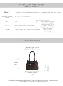 Detailed size guide infographic showing dimensions of the brown PU leather tote bag