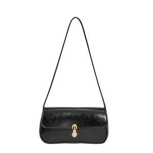 Glossy black PU leather shoulder bag with vintage gold metal buckle on white background