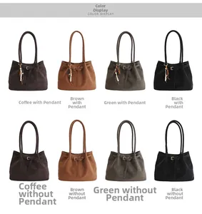 Multiple tote bags shown in dark brown, caramel, olive green, and black with beads