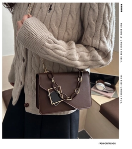 Detail of dark brown leather crossbody bag with bold gold chain and square buckle detail