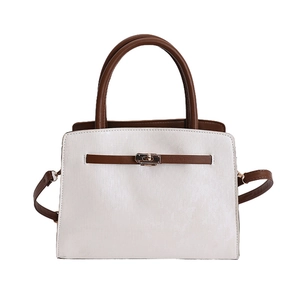 Minimalist cream textured PU leather tote bag with brown straps and golden metal clasp