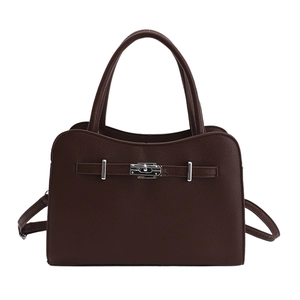Minimalist deep brown large capacity tote bag with litchi grain texture and silver lock