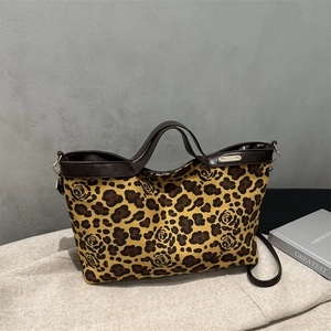 Classic leopard and rose pattern tote bag with leather straps for women's fashion