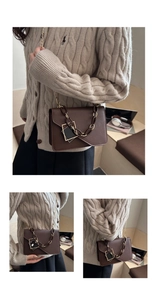 Detailed views of brown leather crossbody bag with chunky black and gold chain links