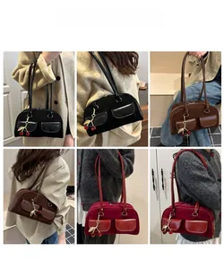 Collage of chic boston shoulder bags in black, brown, and wine red with cherry charm