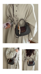 Three-way view of a vintage frosted handbag showing front, side, and back on a model