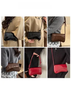 Three glossy faux leather shoulder bags in black, brown, and red shown on models