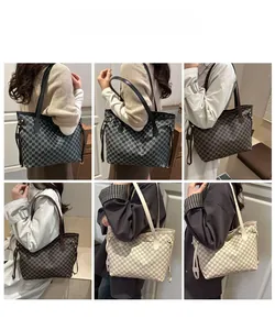Detailed views of the stylish letter pattern tote bag with slender leather shoulder straps
