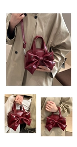 Détails d'un sac à main en cuir rouge foncé avec nœud et rivets étoiles sous plusieurs angles