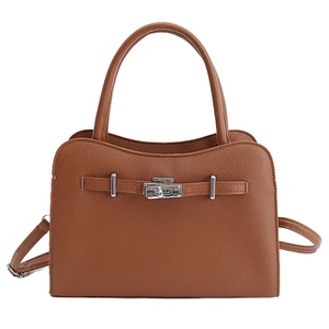 Elegant brown litchi pattern handbag with silver metal buckle and adjustable shoulder strap