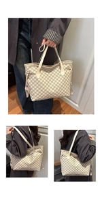 Detail of a beige tote bag with M-letter prints and adjustable side drawstring closure