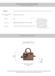 Guide des tailles du sac bandoulière en cuir PU montrant les dimensions et la capacité