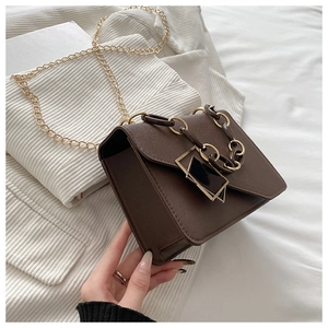 Close-up of a dark brown matte leather crossbody bag featuring a designer gold chain strap