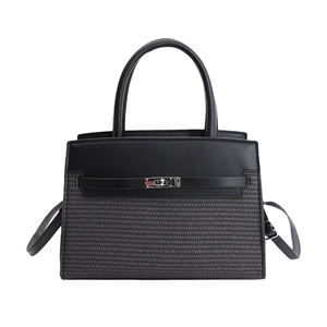 Elegant two-tone leather and woven Kelly style handbag with metallic clasp and shoulder strap