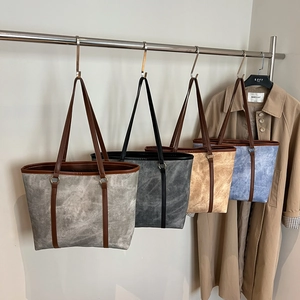 Vintage Washed Canvas PU Leather Tote Bag Large Capacity Shoulder Handbag Casual Commute Versatile Aesthetic For Women