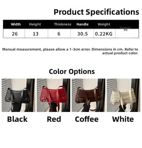 Detailed size chart and color selection for this minimalist PU leather square handbag
