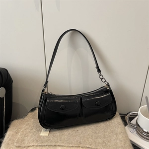 Retro black patent leather underarm bag with double front pockets and chain strap