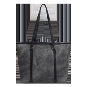 Minimalist grey canvas tote bag with black straps and gold rings for office and travel
