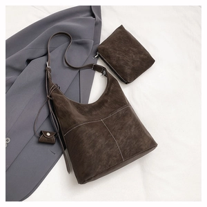Three-piece set of dark brown matte suede hobo bag with zip pouch and coin purse