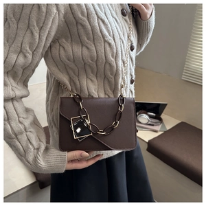 Detail of dark brown leather crossbody bag with resin chain and golden metal hardware