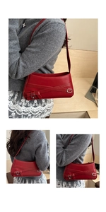 Detail shots of red vintage shoulder bag featuring crisscross leather straps and metal buckle