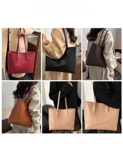 Showcase of minimalist large capacity tote bag in five colors worn by a model
