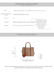 Detailed size chart of the brown PU leather handbag with specific dimensions and weight