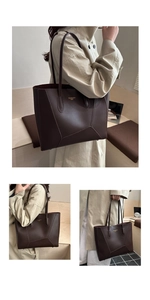 Close-up of matte dark brown leather tote bag with gold logo and stitched line details