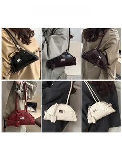 Collage of model wearing minimalist half-moon shoulder bags in multiple classic colors