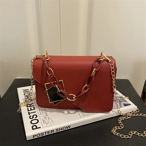 Solid color small square shoulder bag with gold chain and red PU leather finish